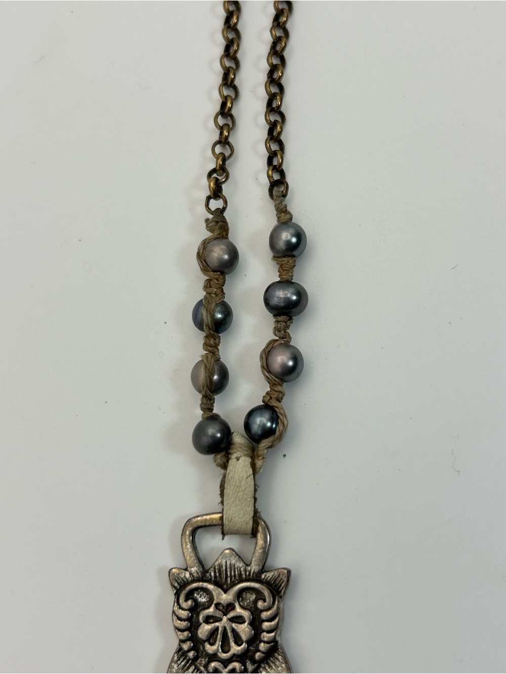 Lucky Brand Vintage Peace Sign Charm Necklace Macrame Beaded Antiqued Bronze 22" - Picture 14 of 15